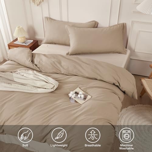 100% Washed Cotton Duvet Cover Queen Size Set, SAPHREAS 3 Pcs Linen Like Comforter Cover with Zipper Closure & Corner Ties (No Comforter), 90x90 Khaki - 3