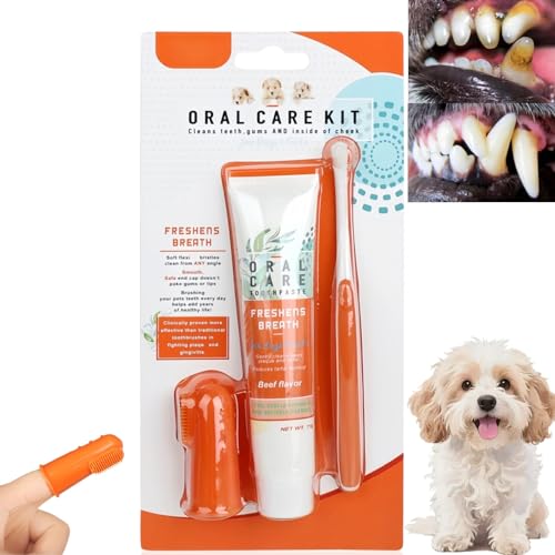 Dog Toothbrush with Toothpaste Dental Care Set for Dogs & Cats,Finger Brush & Soft Bristle Toothbrush,Dog Toothbrush and Toothpaste Set,Finger Toothbrush & Pet Dental Care Kit for Oral Hygiene