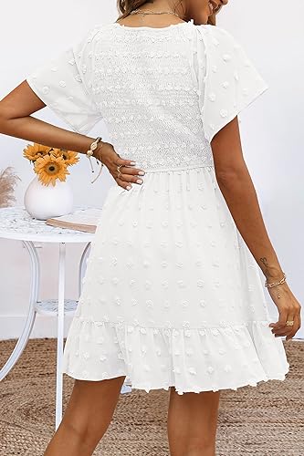 TECREW Womens Smocked Short Sleeve V Neck Mini Dress Summer Swiss Dot Flowy Short Dress3