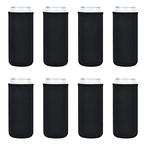 Slim Can Cooler Sleeves, 12oz Skinny Blank Neoprene Beer Can Sleeve, Soft Insulated Reusable DIY Personalized Cooler for Water Bottle Soda, for Parties Weddings Events(Black, 8)