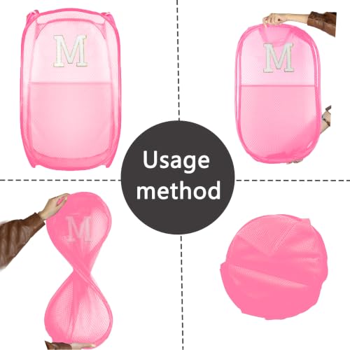 Image of Collapsible Pop Up Laundry Hamper, Extra Large with Removable Initial Letter M, Mesh Foldable Laundry Basket, 28 inch x 16 inch x 16 inch (Pink)