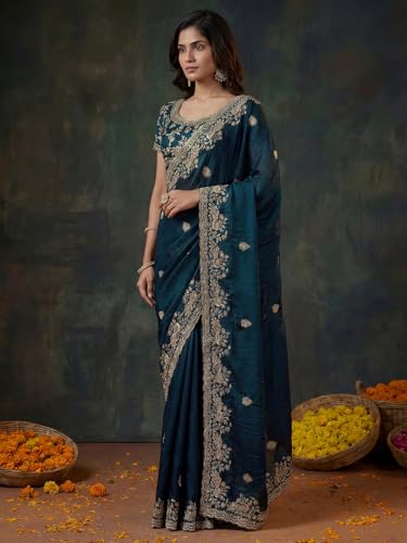 Image of SIRIL Women's Tissue Silk Scalloped Border Embroidery Saree with Unstitched Blouse Piece