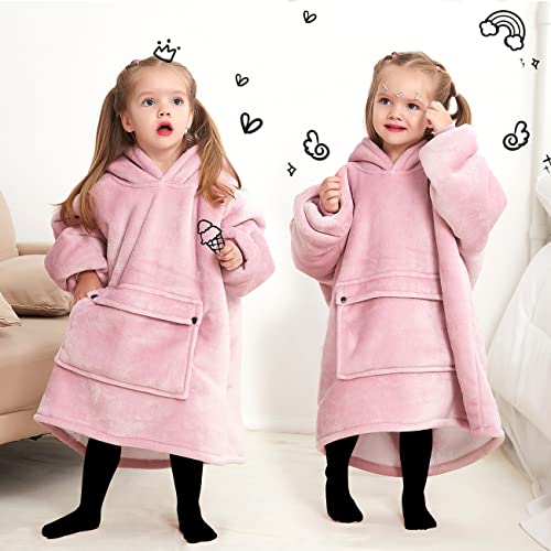 Image of KFUBUO Wearable Blanket Hoodie for Kids With Pocket Toddlers 2-6 Year Old | Pink, Sherpa, Heavy Material, Oversized Sweatshirt Blanket, Kids Blanket, Girl Boy Gifts, Cozy Gifts for Kids