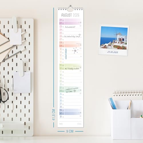 Häfft® Streifenkalender 2026 lang & schmal (9 x 42 cm) Monats-Wandkalender für Küche, Flur & Co - übersichtliche Termine & Geburtstage Rainbow- nachhaltig & klimafreundlich