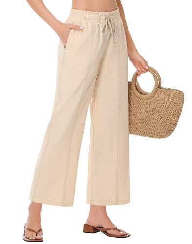 Cotton Linen Cropped Pants for Women - Wide Leg High Waist Capri Pant Casual Beach Summer Pull On with Zip Pockets