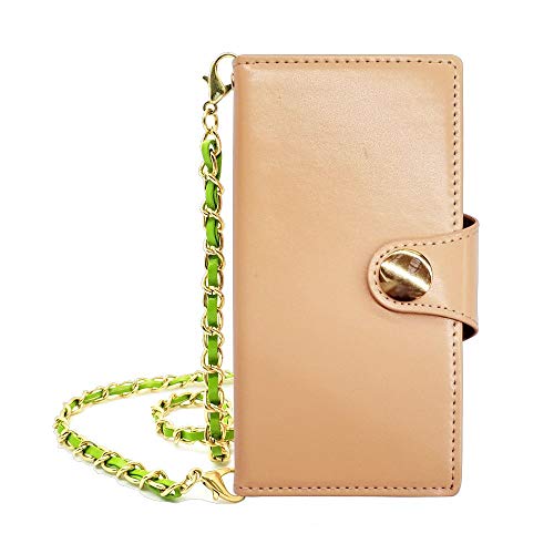 sslink iPhone17 Pro Max アイフォン17プロマックス 対応 手帳型 ケース (ナチュラル) 本革 スムース レザー カバー ロング チェーン ストラップ 付き (チェーン/グリーン) ダイアリータイプ 横開き カード収納 ストラップホ