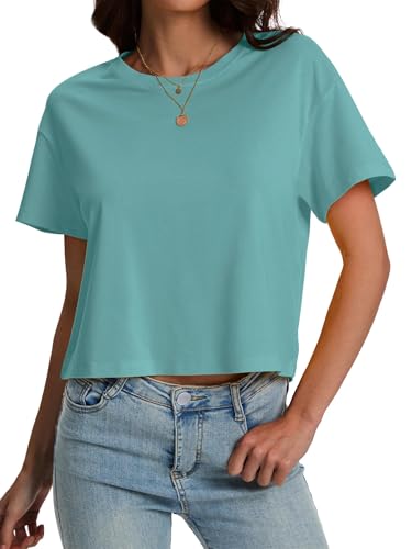 Image of SMENG Women's Workout Crop Tops UPF50+ Cotton Soft Breathable Tshirt Loose Short Sleeve Yoga Athletic Shirt