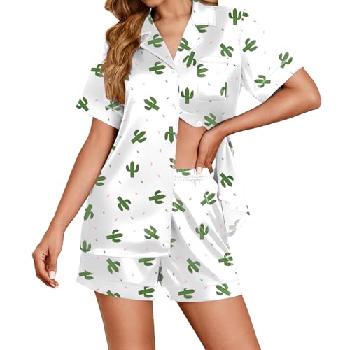 Image of Ekouaer Womens Satin Silk 2 Piece Pajamas Set Short Sleeve Sleepwear | Button Down Top and Shorts Loungewear Set for Sleep, Home, Wedding, Travel, Party, Daily Wear & Great for Sharing