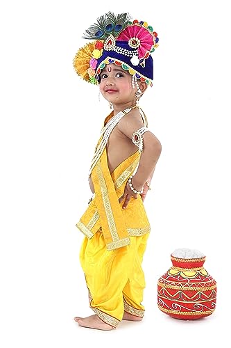 Image of Raj Fancy Dresses Shri Krishna Dress for Baby Boy & Girl, Janmashtmi Dress with Diaper-friendly Dhoti & Dupatta, Mor Pankh Mukut
