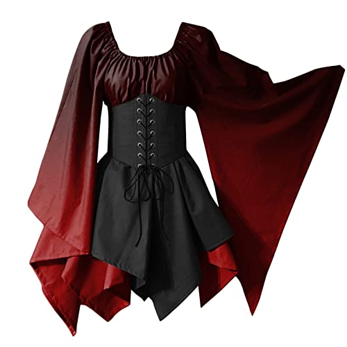 Bibokaoke Summer Slip Medieval Costume For Womens Trumpet Sleeve Irish Shirt Dress With Loose Summer Dresses For Women Casual Wine #TOP8