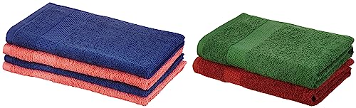Image of Amazon Brand - Solimo 100% Cotton 2 Piece Bath Towel Set, 380 GSM (Brick Red, Mint Green) Cotton 4 Piece Hand Towel Set, 380 GSM (Twilight Blue, Coral Pink)