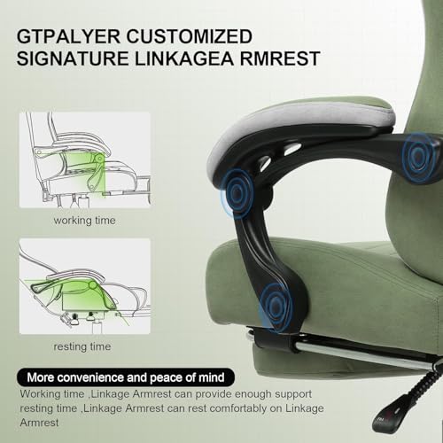 Image of GTPLAYER Ergonomic Gaming Chair with Lumbar Cushion & Footrest, Premium Fabric, Office Chair for Work, Study Chair with Linked Armrests, Adjustable Headrest, 1 Year Warranty (Green)