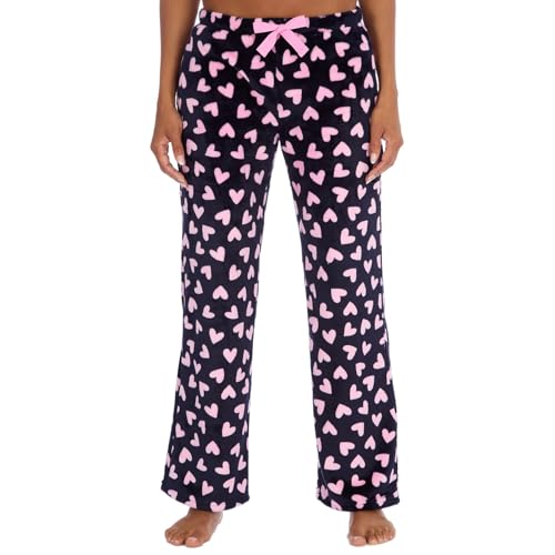 Image of Style It Up Ladies Womens Heart Print Fleece Lounge Pajama Pants Comfortable Warm cosy Winter Nightwear Adults Loungewear (PINK-HEARTS, L)