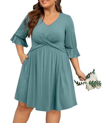 Image of Manllenshie Women's Plus Size 2 Pockets Dresses 3 /4 Ruffle Sleeve V Neck Crossover Flowy Pleats Casual Fall Loose Dress
