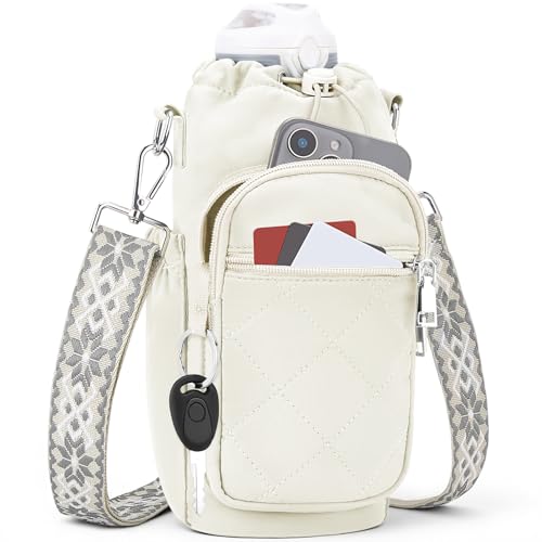 SYTRAH Water Bottle Carrier Bag with Strap Water Bottle Purse with Phone Pocket 40oz Insulated Crossbody Bags for Walking Hiking White