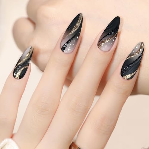 Zernblend - Set di 24 pressa sulle unghie, a forma di mandorla media, colore nero con linee d'oro, San Valentino, stampa sulle unghie