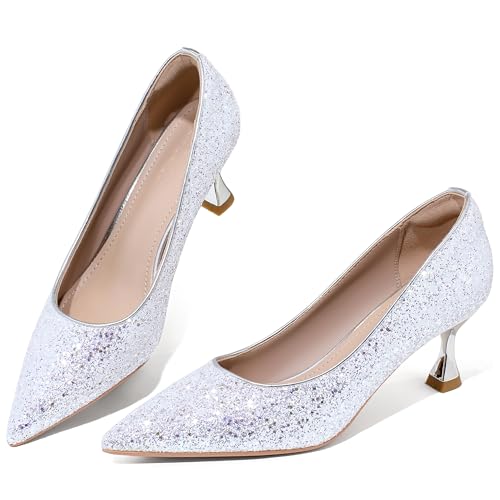 QXQDQY Women&rsquo;s Kitten High Heels 2 Inch Sequined Pointed Toe Pumps Comfortable Wedding Party Pump...