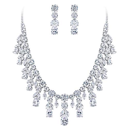 BriLove Wedding Bridal Necklace Earrings Jewelry Set for Women CZ Cluster Leaf Teardrop Statement Necklace Dangle Earrings Set Clear Silver-Tone