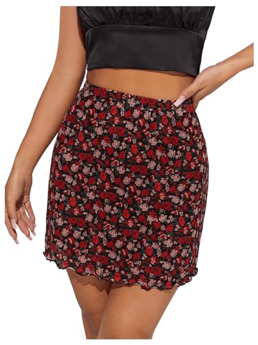 WDIRARA Women's Floral Print Lettuce Trim Mesh Bodycon Skirt Boho High Waist Mini Skirts