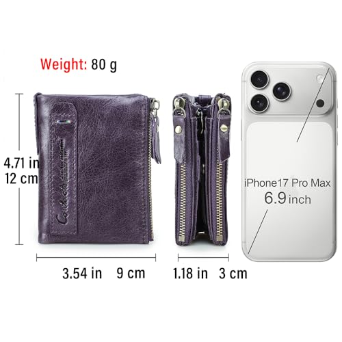 Image of CONTACTS Soft Leather Wallet for Women Small Bifold Coin Purse Double Zipper Card Holder with RFID Blocking (Eggplant Purple)