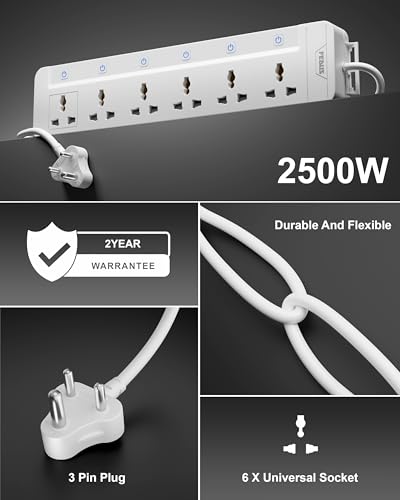 Image of FEDUS Surge Protector, 6 Universal Sockets with Individual Switch, 10 Meter 32 Feet Long Cable, Extension Board Cord, Automatic Overload Protection, Fireproof Power Strip Switch Board, Spike Guard