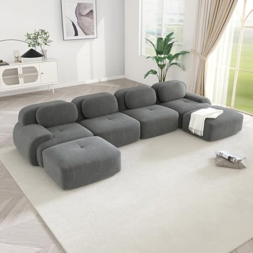 WENNEWU SofáS Modernos Dos Plazas Sin Estructura Y DiseñO Compacto, SofáS Seccionales Grandes para Sala Estar, Sofá Seccional Modular Pana con DiseñO Nube, Espuma ViscoeláStica,C,4Seater+2Ottoman