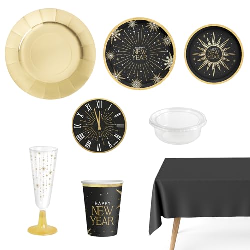Imagen de OH YEAH Kit Vajilla Desechable 12 Personas Nochevieja 84 Piezas Negro y Oro Platos