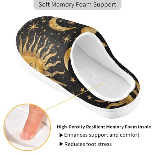 Golden Sun Moon Stars Boho on Black Mens House Cotton Slipper Wide Memory Foam Indoor Shoes for Indoor Funny Presents 6-72