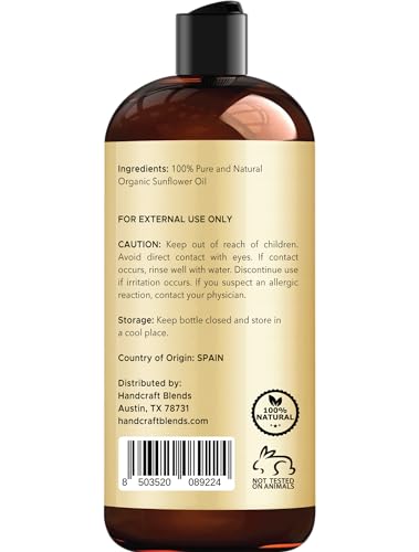 Image of Handcraft Blends USDA Organic Sunflower Oil - Cold-Pressed 16 Fl Oz - 100% Pure and Natural - Premium Grade Carrier Oil for Skin and Hair - Hair and Body - Massage - Hexane-Free