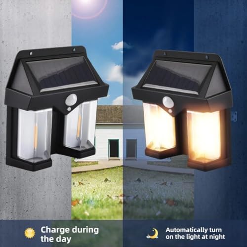 Image of Double Bulb Solar Wall Lights | Motion Sensor Auto Chargeable Exterior Double LED Sconce | Waterproof Security Lamps for Garden, Backyard, Patio, Balcony