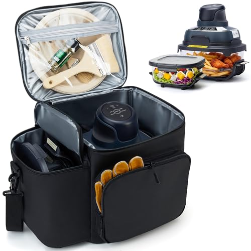 Padded Carrying Case for Ninja Crispi Air Fryer 4QT & 6-Cup Glass Containers, Carry Bag with 5mm Thick Insulation, Multiple Compartments & Pockets for Accessories Storage and Travel, Black (Bag Only)