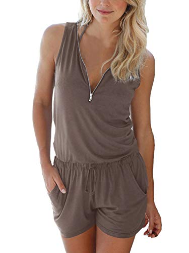 Auxo Womens Short Romper Sleeveless Floral Jumpsuit V Neck Half Zip Cute Playsuit Jumper With Pockets Brown L #TOP5