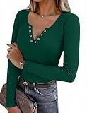 Aottori Camiseta Manga Larga Mujer Cuello en V Túnica Tops Elegantes Punto Acanalado Camisas Ajustado Ligero Básico Jersey Pullover con Detalles Botones Verde M