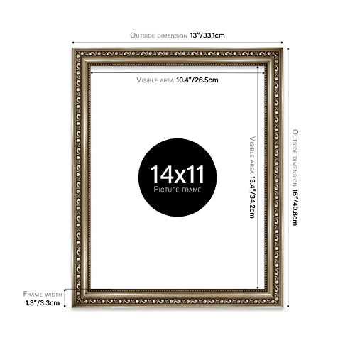 Almost Frameless 14x11 Gunmetal Ornate Picture Frame 14"x11"(35.6x27.9cm) Poster, Photo, Artwork, or Print. Shabby Chic Style Portrait and Landscape Display with Wall Hooks