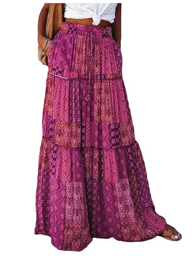 Women Smocked High Waist Maxi Skirt Boho Floral Pleated Beach Swing Flowy Long Skirt Vintage Tiered A Line Beachwear