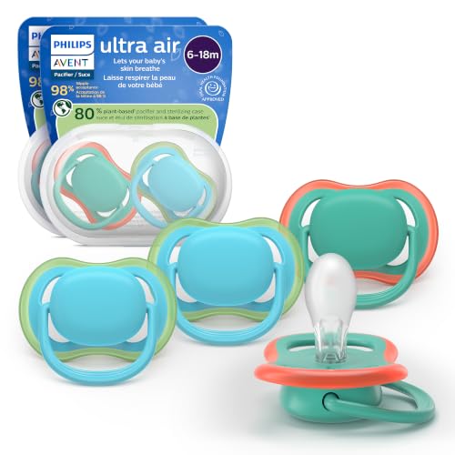 Image of Philips Avent Ultra Air Pacifiers - Orthodontic Design, for Babies 6-18 Months, Soft Silicone Symmetrical Nipple, BPA-Free, 2 Sterilizing Cases, 4 Pack, SCF087 /24