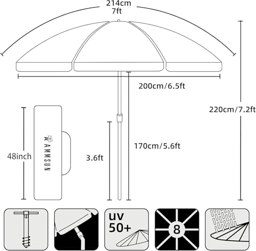 Image of AMMSUN 7 Foot Heavy Duty HIGH Wind Beach Umbrella with sand anchor Vent Tilt Portable Sun Shelter, UV 50+ Sun Protection Outdoor Sunshade Umbrellas Carry Bag for Patio Garden Pool Backyard Multicolor