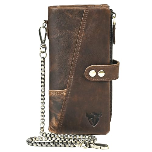 Image of Genuine Crazy Horse Leather Travel Gift Coin Pocket Card Case Long Organizer Chain Rfid Wallet Purse With Snap For Men Male 1803 (1803 dark coffee)