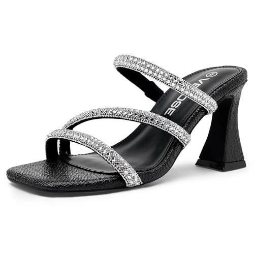 Vepose Women's Rhinestone Strappy Heeled Sandals, 3.5 Inch Chunky Block Flared Heels, Slip On Square Open Toe - Comfortable Prom Wedding Guest Dressy Shoes 6125