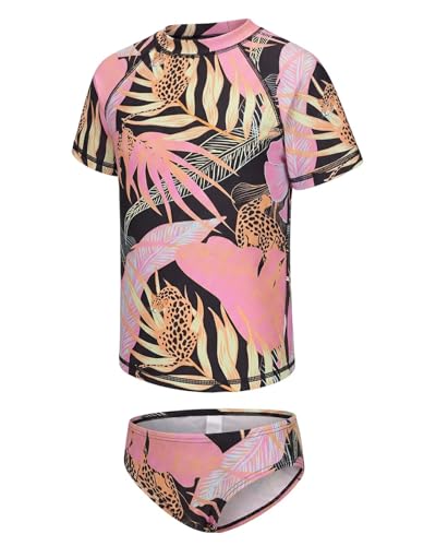 Image of Girls Two Piece Swimsuits Short Sleeve Rash Guard Swim Shirt Bikini Bottom Swim Set Bathing Swim Set Swimwear 3-16 Years
