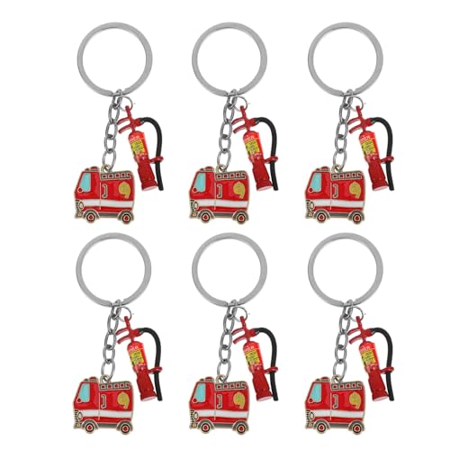 LOGOFUN 6PCS Firefighter Keychains Fire Extinguisher Keyrings Mini Metal Fire Truck Key Pendants for Firefighting Theme Bag Backpack Supplies