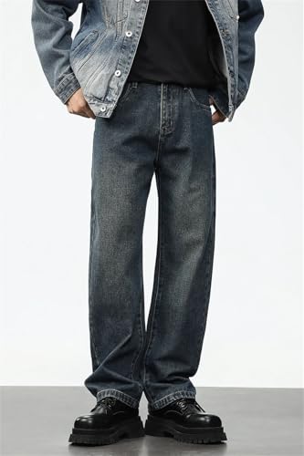 Men Youth Vintage Blue Knife-Cut Wide Leg Jeans Mid Rise Loose Comfort with Zipper Fly for Casual Everyday3