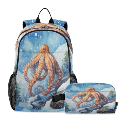 Sac à dos étudiant léger et durable motif poulpe avec boîte à lunch isolante