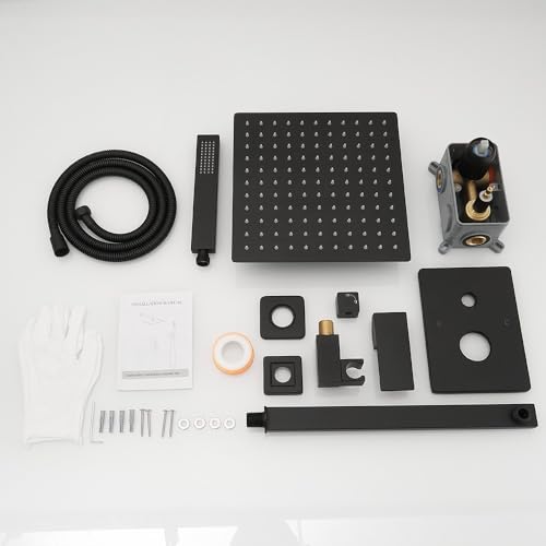 Image of Matte Black Shower System YCAIKOI Wall Mount Shower Faucet Set for Bathroom 10 Inch High Pressure Luxury Shower Head with Handheld, Rough-in Valve Body and Trim Included