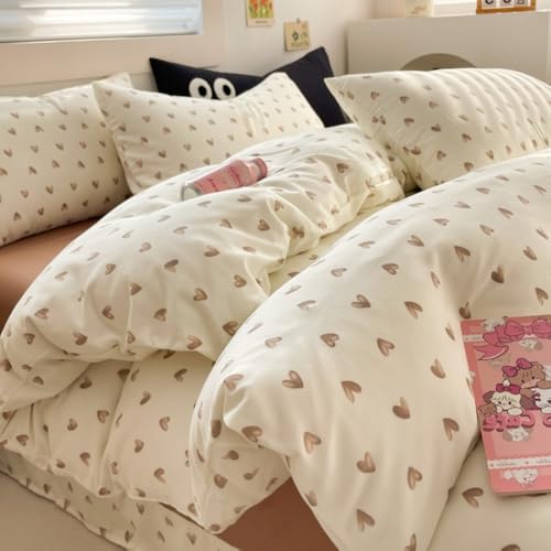 Michorinee Housse de Couette 220x240 Beige Motif Coeur Marron Adulte 2 Personnes Parure de Lit Microfibre Romantique Fille Sets de Housses de Couettes avec...
