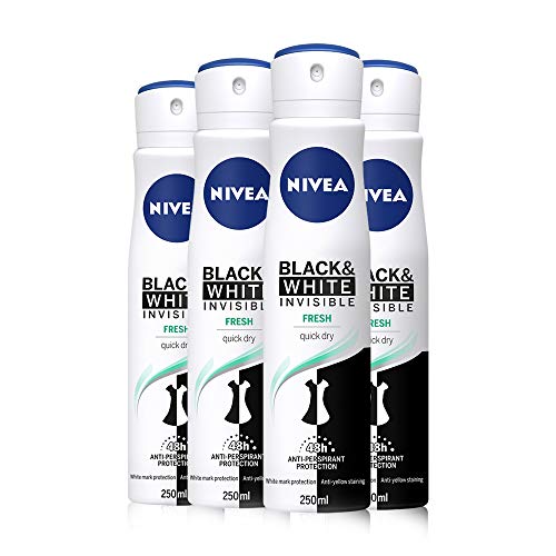 NIVEA Black & White Invisible Fresh Anti-Perspirant Spray Pack of 4 (4 x 250ml), 48hr Fresh Fragrance Deodorant for Women
