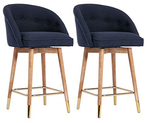 Guyou 360 Degree Swivel Counter Stools Set of 2, Tufted Linen Dining Chair 26.4  Seat Height Kitchen Chair with Gold Plating Footrest for Pub Home Bar (Blue)