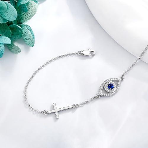 Evil Eye Bracelet 925 Sterling Silver Cross Bracelet Blue Evil Eyes Link Bracelet for Women3