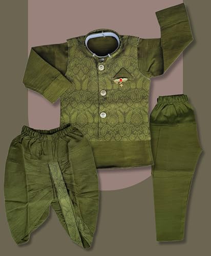 Image of Little Kids Ethnic Wear Kurta Pyjama and Waistcoat Set For Boys | Stylish Ethnic Wear | 3-piece set | Silk and Cotton Blend Fabric