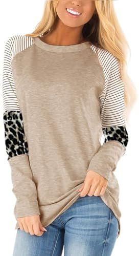 HARHAY 2022 Women’s Leopard Print Color Block Tunic Round Neck Long Sleeve Shirts Striped Causal Blouses Tops